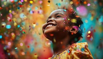 AI generated a young girl laughing while surrounded by confetti photo