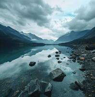 AI generated a still lake with rocks and water on a cloudy day photo