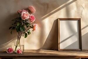 ai generado un vacío marco, café mesa y un florero de rosado rosas en un de madera mesa foto