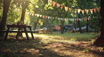 AI generated an empty space in the park with a table and some bunting photo