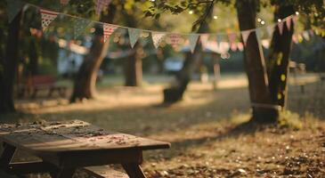 AI generated an empty space in the park with a table and some bunting photo