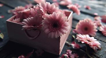 AI generated an empty pink box with pink gerberas on dark wooden table photo
