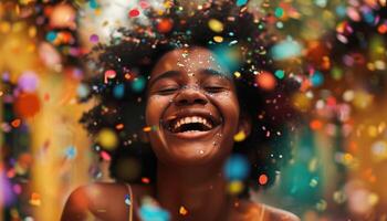 ai generado un joven niña riendo mientras rodeado por papel picado foto