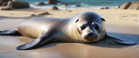 AI generated Beachside Serenity Seal Basking on Sandy Shores photo