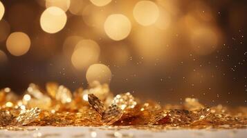 AI generated Gold glitter background, A golden leaves scattered across a surface, set against a sparkling bokeh background photo