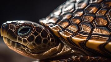 AI generated A close-up of a turtle, highlighting its detailed eye and textured shell photo