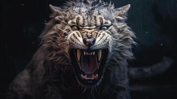 AI generated A snarling, gray and black striped cat with a large mane, dark blurred background photo