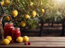 AI generated Rustic Wooden Table with lemon Orchard Backdrop, Product Display Template photo