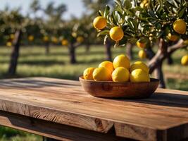 AI generated Rustic Wooden Table with lemon Orchard Backdrop, Product Display Template photo
