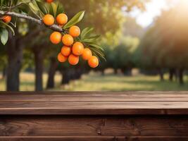 AI generated Rustic Wooden Table with Orange Orchard Backdrop, Product Display Template photo