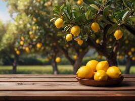 AI generated Rustic Wooden Table with lemon Orchard Backdrop, Product Display Template photo