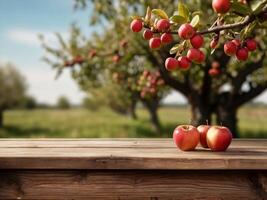 AI generated Rustic Wooden Table with Apple Orchard Backdrop, Product Display Template photo