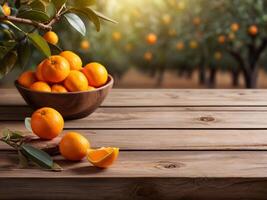 AI generated Rustic Wooden Table with Orange Orchard Backdrop, Product Display Template photo