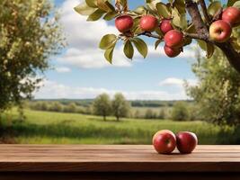 AI generated Rustic Wooden Table with Apple Orchard Backdrop, Product Display Template photo