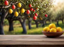 AI generated Rustic Wooden Table with lemon Orchard Backdrop, Product Display Template photo
