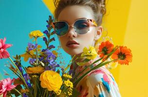 ai generado hermosa niña en Gafas de sol y un ramo de flores de flores, con grande y vistoso gafas de sol foto