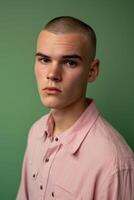 AI generated athletic model balding young man wearing a pink shirt posing against green background photo