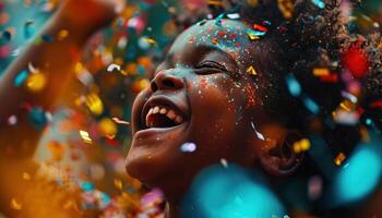 ai generado un joven niña riendo mientras rodeado por papel picado foto