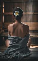 AI generated beautiful beauty woman sitting in the sauna, with a towel over her back photo