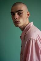 AI generated athletic model balding young man wearing a pink shirt posing against green background photo