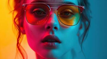 ai generado hermosa joven mujer en rojo y amarillo Gafas de sol foto