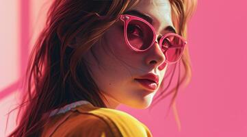 AI generated beautiful girl with pink sunglasses on a pink background photo