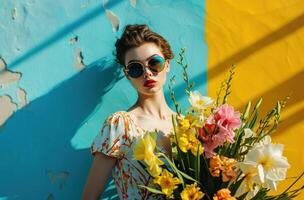 ai generado hermosa niña en Gafas de sol y un ramo de flores de flores, con grande y vistoso gafas de sol foto