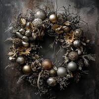 AI generated a wreath with silver and gold ornaments photo