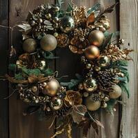 AI generated decorating for the holidays a diy wreath with gold ornaments and metal decorations photo