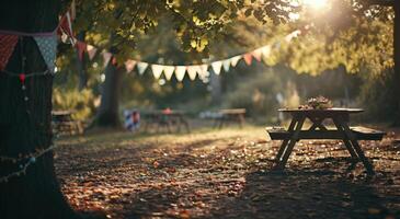 AI generated an empty space in the park with a table and some bunting photo