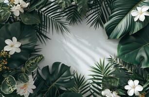 ai generado un imagen de un marco con palma hojas y flores foto