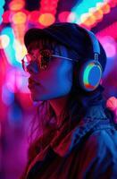 AI generated a young woman wearing colorful headphones in a neon light, hyperreal photo