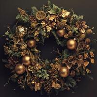 AI generated decorating for the holidays a diy wreath with gold ornaments and metal decorations photo