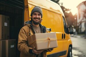 ai generado mensajero entrega conductor participación un caja en frente de un camioneta foto