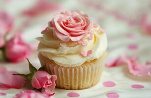 AI generated cute valentines cupcake with pink roses photo