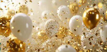 AI generated confetti strand gold and white balloons on a beige background photo