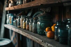 AI generated an old wooden shelf with many fruit jars photo