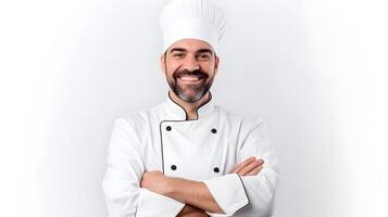 ai generado retrato de hermoso masculino cocinero con sonrisa en estudio foto