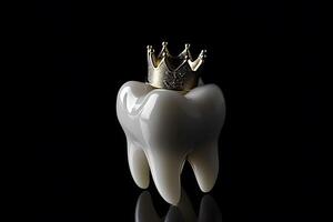 ai generado sano diente con dorado corona. aislado en negro foto