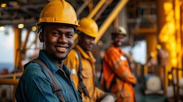 ai generado africano industrial trabajadores en el petróleo tubo estación a mar foto