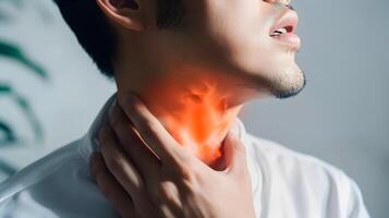 AI generated Flame at neck of a man. Concept of sore throat, pharyngitis, laryngitis, thyroiditis, choking photo