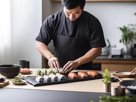 ai generado asiático masculino cocinero haciendo Sushi en un cocina de restaurante foto