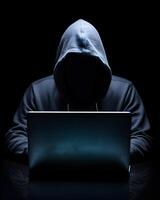 AI generated Anonymous hacker with computer laptop. Cybercrime, cyberattack, dark web concept. photo