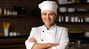 ai generado hermosa mujer cocinero con sonrisa en un restaurante foto