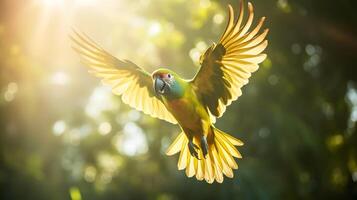 AI generated Macaw parrot flying in the jungle photo