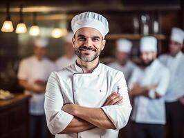 AI generated Portrait of a handsome male chef with defocused other teammates photo