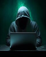 ai generado anónimo hacker con computadora ordenador portátil. ciberdelincuencia, ataque cibernetico, oscuro web concepto. foto