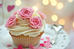 AI generated cute valentines cupcake with pink roses photo