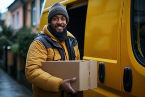 AI generated courier delivery driver holding a box in front of a van photo