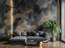 AI generated grey couch and plant in front of an abstract wall photo